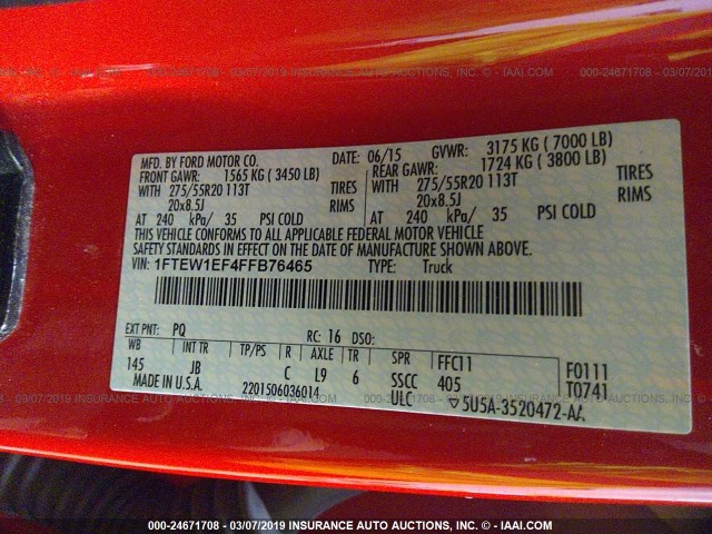 1FTEW1EF4FFB76465 - 2015 FORD F150 SUPERCREW RED photo 9