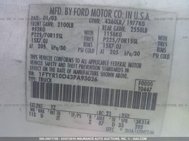 1FTYR10D43PA93036 - 2003 FORD RANGER WHITE photo 9