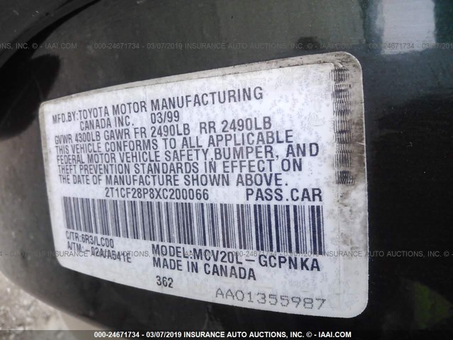 2T1CF28P8XC200066 - 1999 TOYOTA CAMRY SOLARA SE/SLE GREEN photo 9