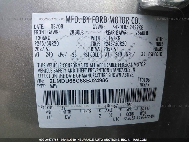 2LMDU68C88BJ24986 - 2008 LINCOLN MKX SILVER photo 9