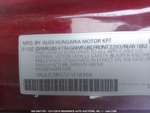 TRUUT28N721018356 - 2002 AUDI TT QUATTRO RED photo 9