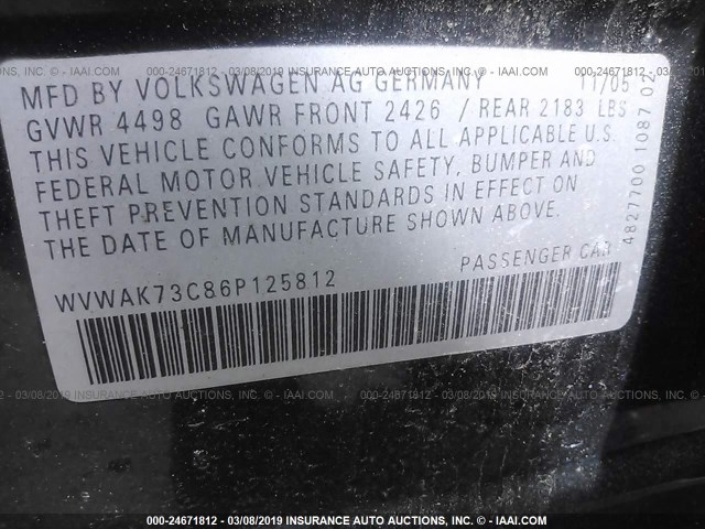 WVWAK73C86P125812 - 2006 VOLKSWAGEN PASSAT 2.0T/2.0T VALUE BLACK photo 9