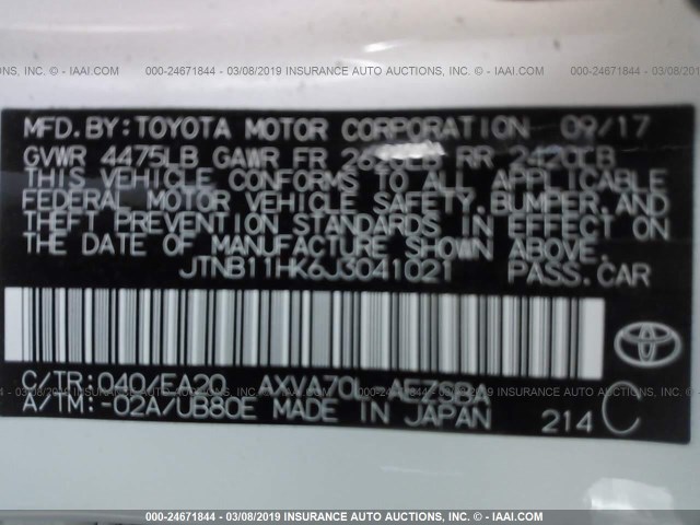 JTNB11HK6J3041021 - 2018 TOYOTA CAMRY L/LE/XLE/SE/XSE WHITE photo 9