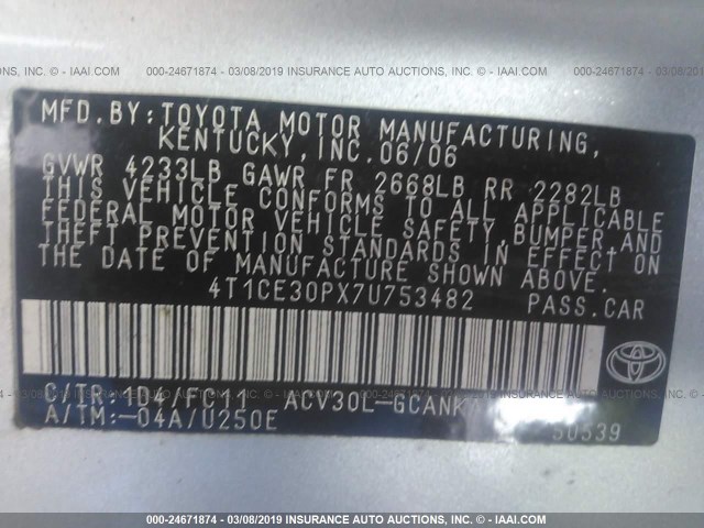 4T1CE30PX7U753482 - 2007 TOYOTA CAMRY SOLARA SE/SLE SILVER photo 9