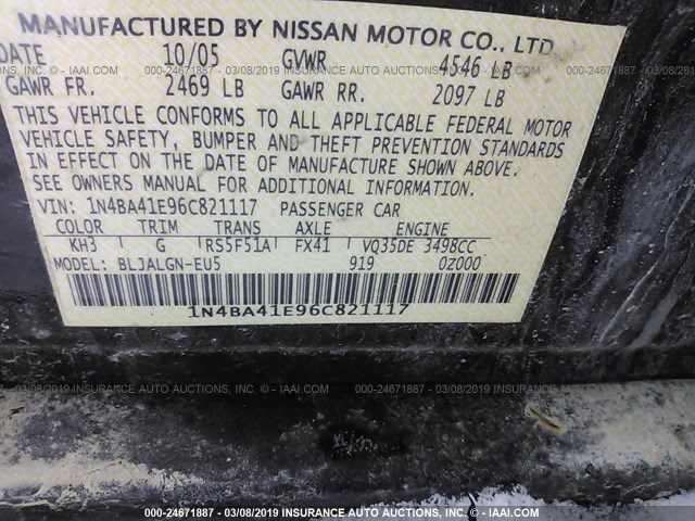 1N4BA41E96C821117 - 2006 NISSAN MAXIMA SE/SL BLACK photo 9