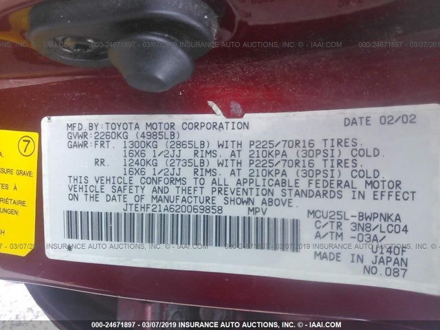 JTEHF21A620069858 - 2002 TOYOTA HIGHLANDER LIMITED MAROON photo 9