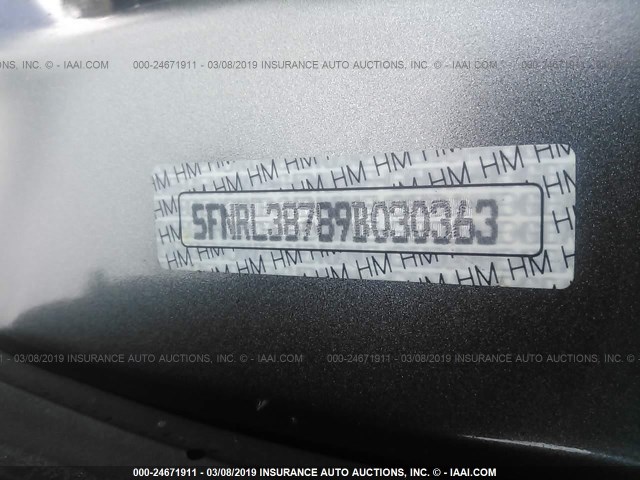 5FNRL38789B030363 - 2009 HONDA ODYSSEY EXL GRAY photo 9