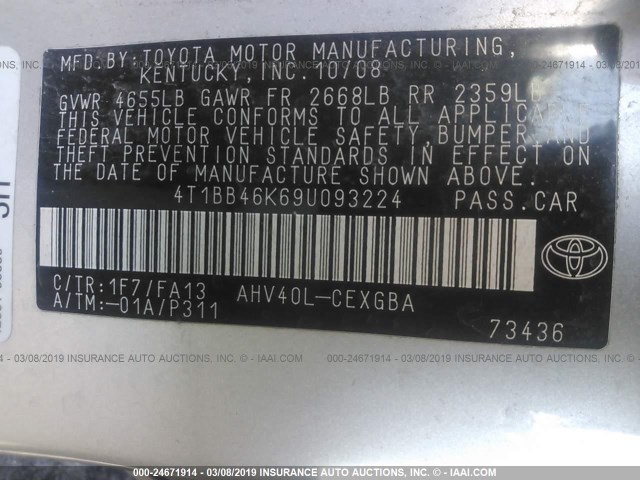 4T1BB46K69U093224 - 2009 TOYOTA CAMRY HYBRID SILVER photo 9