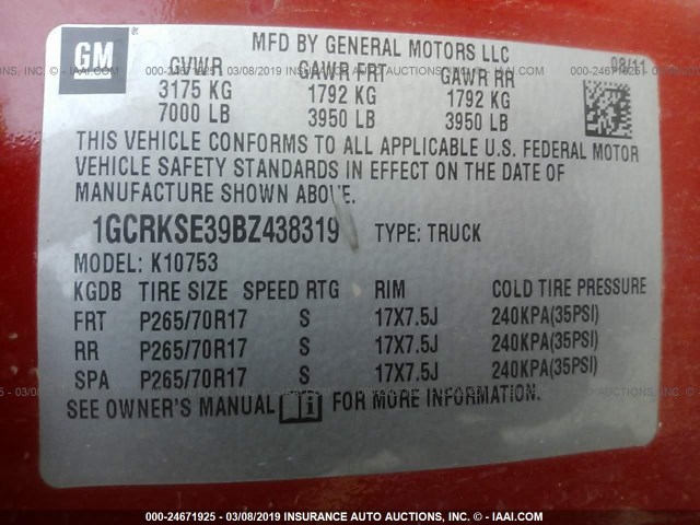 1GCRKSE39BZ438319 - 2011 CHEVROLET SILVERADO K1500 LT RED photo 9