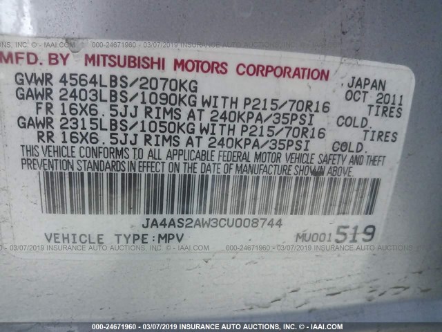 JA4AS2AW3CU008744 - 2012 MITSUBISHI OUTLANDER ES SILVER photo 9