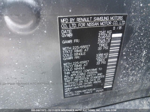 KNMAT2MV7KP514841 - 2019 NISSAN ROGUE GRAY photo 9