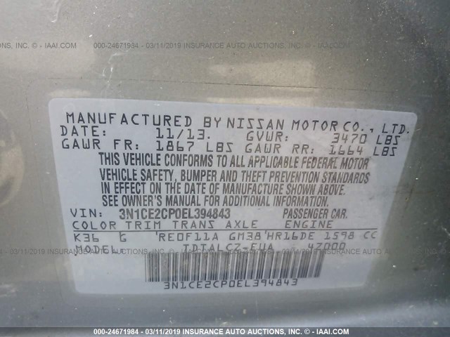 3N1CE2CP0EL394843 - 2014 NISSAN VERSA NOTE S/S PLUS/SV/SL SILVER photo 9