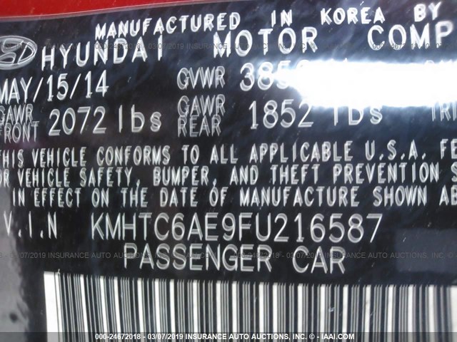 KMHTC6AE9FU216587 - 2015 HYUNDAI VELOSTER RED photo 9