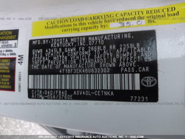 4T1BF3EK4BU632302 - 2011 TOYOTA CAMRY SE/LE/XLE 白色 照片 9