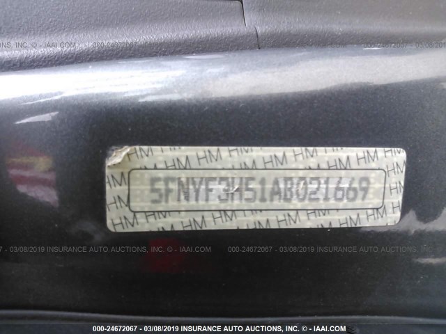 5FNYF3H51AB021669 - 2010 HONDA PILOT EXL GRAY photo 9