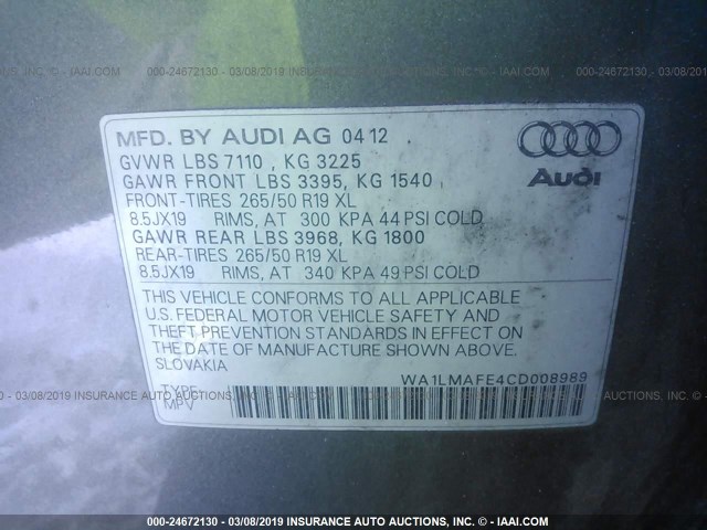 WA1LMAFE4CD008989 - 2012 AUDI Q7 PREMIUM PLUS GRAY photo 9