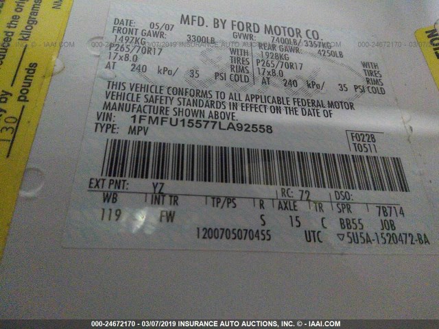 1FMFU15577LA92558 - 2007 FORD EXPEDITION XLT WHITE photo 9