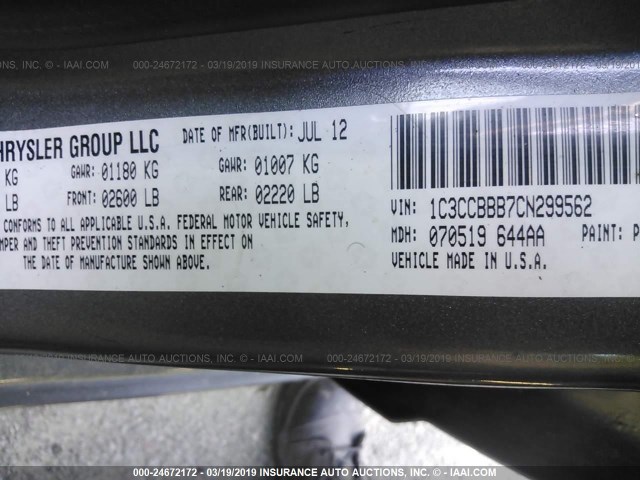 1C3CCBBB7CN299562 - 2012 CHRYSLER 200 TOURING GRAY photo 9