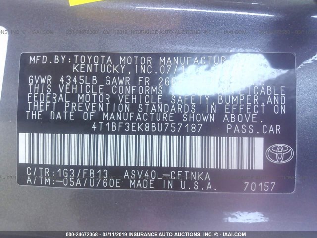 4T1BF3EK8BU757187 - 2011 TOYOTA CAMRY SE/LE/XLE 灰色 照片 9