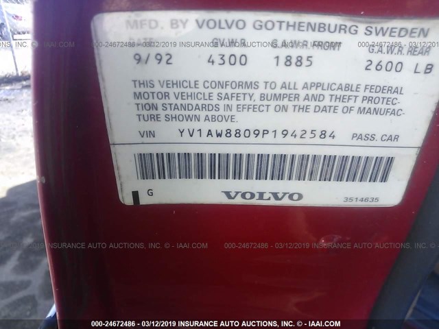 YV1AW8809P1942584 - 1993 VOLVO 240 RED photo 9