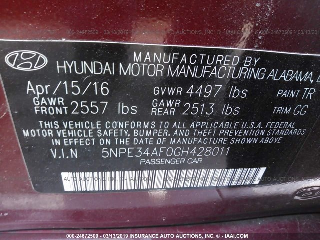 5NPE34AF0GH428011 - 2016 HYUNDAI SONATA SPORT/LIMITED RED photo 9