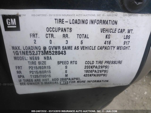 1G1NE52J73M528943 - 2003 CHEVROLET MALIBU LS GREEN photo 9