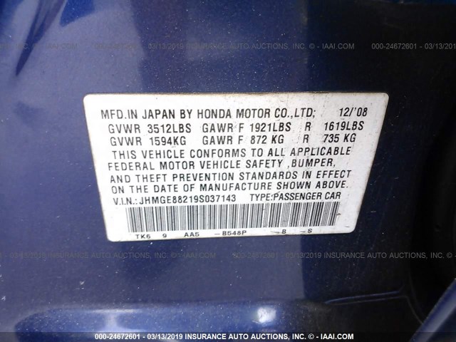 JHMGE88219S037143 - 2009 HONDA FIT BLUE photo 9