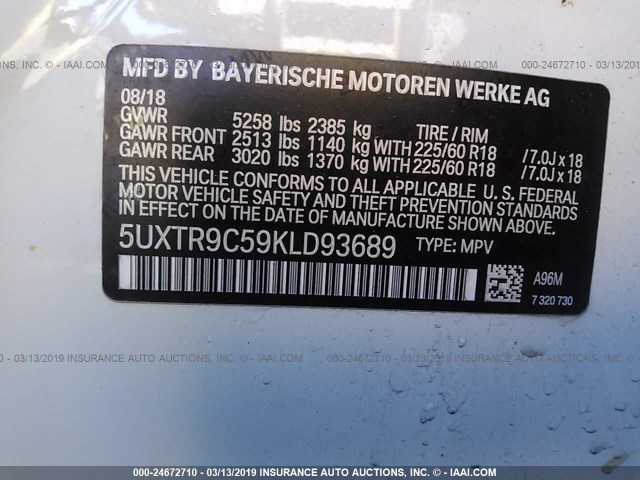 5UXTR9C59KLD93689 - 2019 BMW X3 XDRIVE30I WHITE photo 9