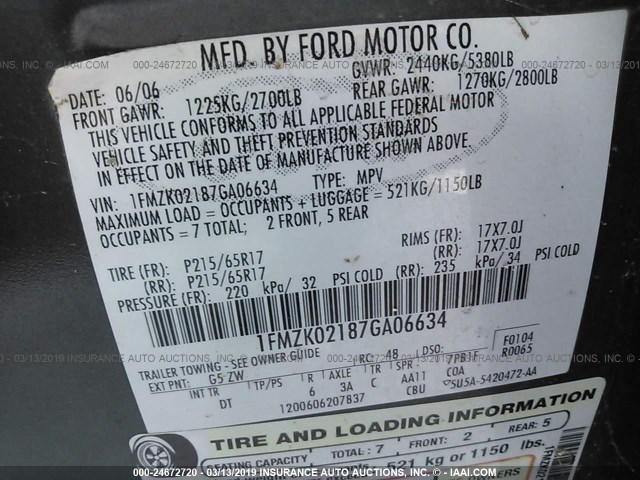 1FMZK02187GA06634 - 2007 FORD FREESTYLE SEL GRAY photo 9