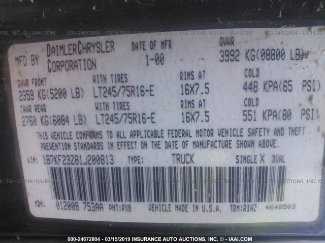 1B7KF23Z81J200813 - 2001 DODGE RAM 2500 BLACK photo 9