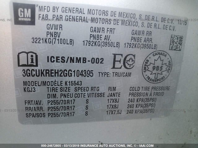 3GCUKREH2GG104395 - 2016 CHEVROLET SILVERADO K1500 LT SILVER photo 9