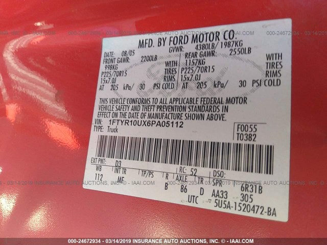 1FTYR10UX6PA05112 - 2006 FORD RANGER RED photo 9