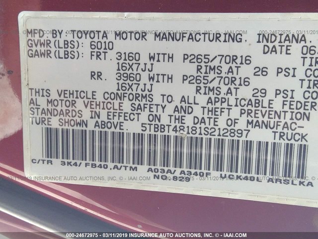 5TBBT48181S212897 - 2001 TOYOTA TUNDRA ACCESS CAB LIMITED RED photo 9