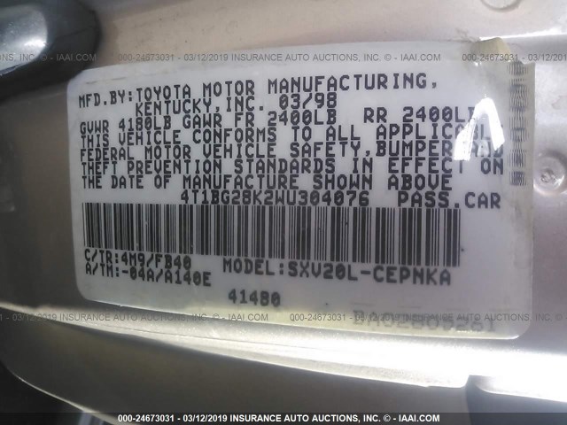 4T1BG28K2WU304076 - 1998 TOYOTA CAMRY CE/LE/XLE 棕色 照片 9