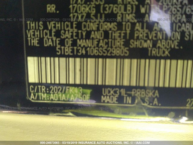 5TBET34106S529805 - 2006 TOYOTA TUNDRA DOUBLE CAB SR5 BLACK photo 9