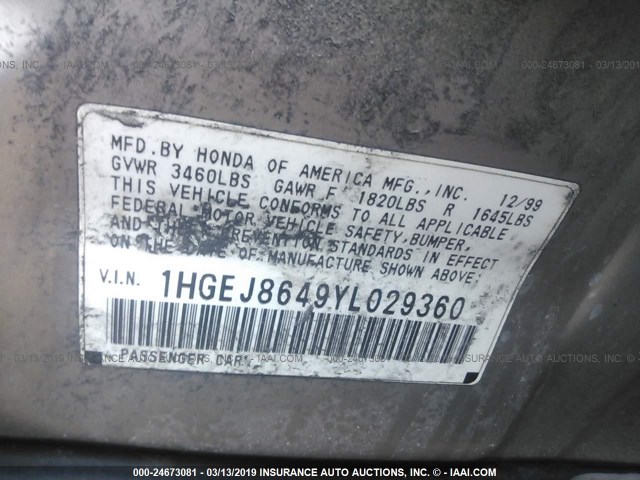 1HGEJ8649YL029360 - 2000 HONDA CIVIC EX BROWN photo 9