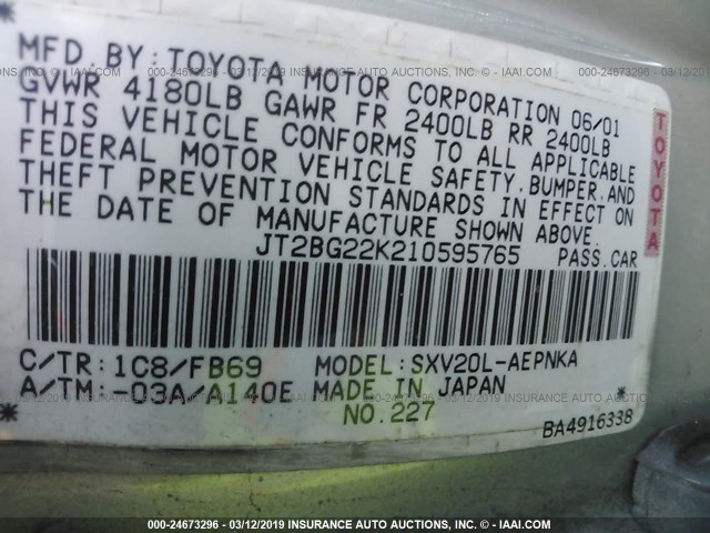 JT2BG22K210595765 - 2001 TOYOTA CAMRY CE/LE/XLE SILVER photo 9