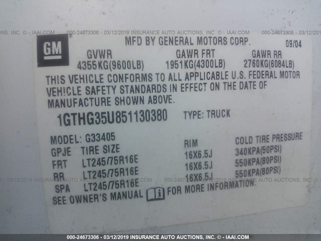 1GTHG35U851130380 - 2005 GMC SAVANA G3500 WHITE photo 9