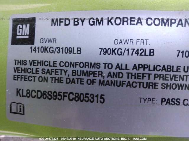 KL8CD6S95FC805315 - 2015 CHEVROLET SPARK 1LT GREEN photo 9