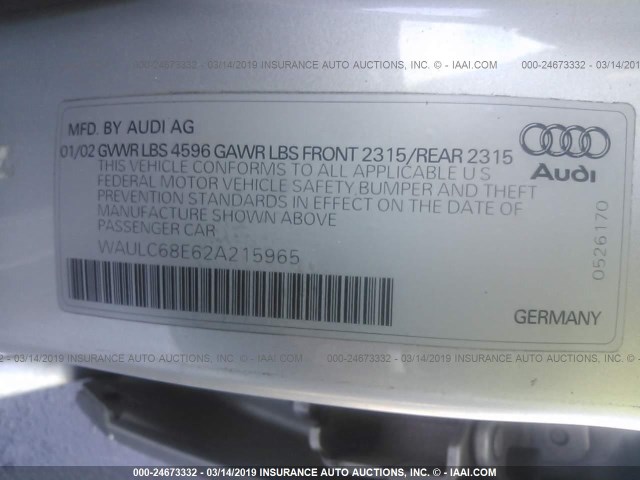 WAULC68E62A215965 - 2002 AUDI A4 1.8T QUATTRO SILVER photo 9