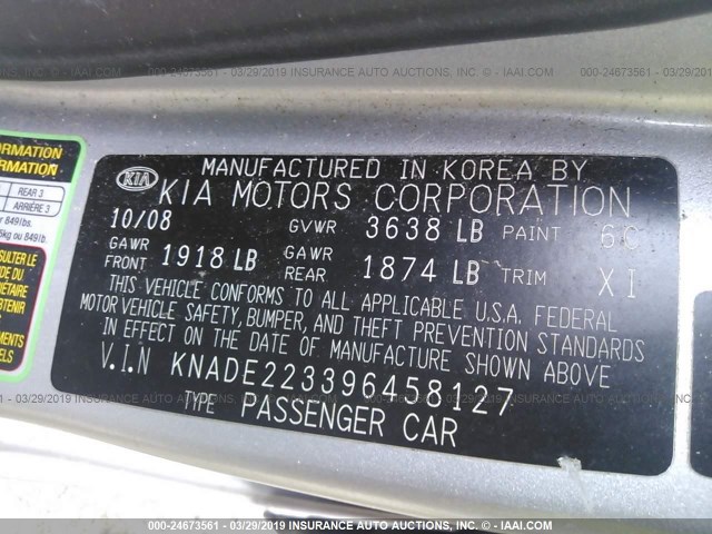 KNADE223396458127 - 2009 KIA RIO LX/SX SILVER photo 9