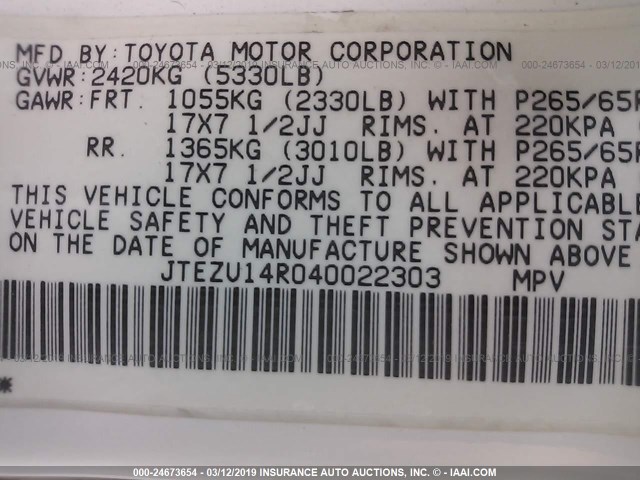 JTEZU14R040022303 - 2004 TOYOTA 4RUNNER SR5/SPORT WHITE photo 9