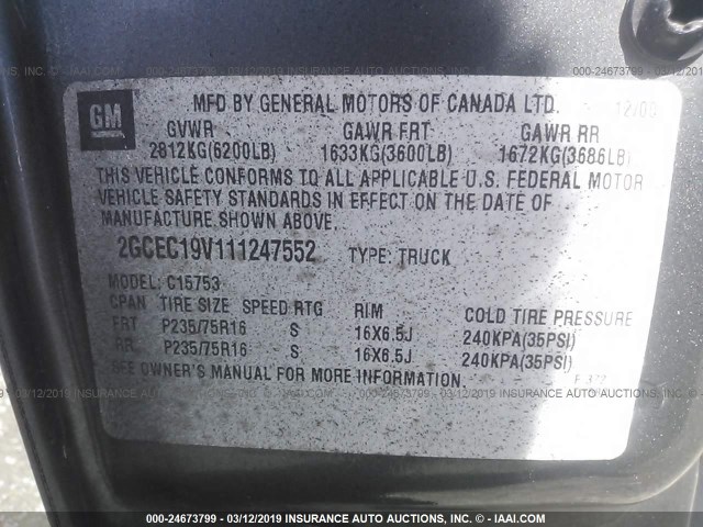 2GCEC19V111247552 - 2001 CHEVROLET SILVERADO C1500 GRAY photo 9