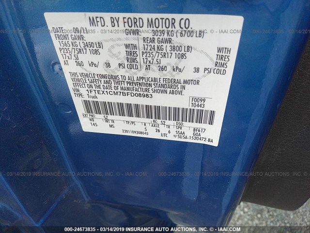 1FTEX1CM7BFD08983 - 2011 FORD F150 SUPER CAB BLUE photo 9