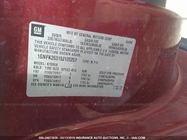 1GNFK26319J105257 - 2009 CHEVROLET SUBURBAN K1500 LT RED photo 9