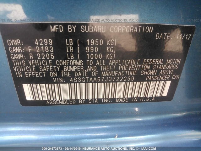 4S3GTAA67J3722239 - 2018 SUBARU IMPREZA BLUE photo 9