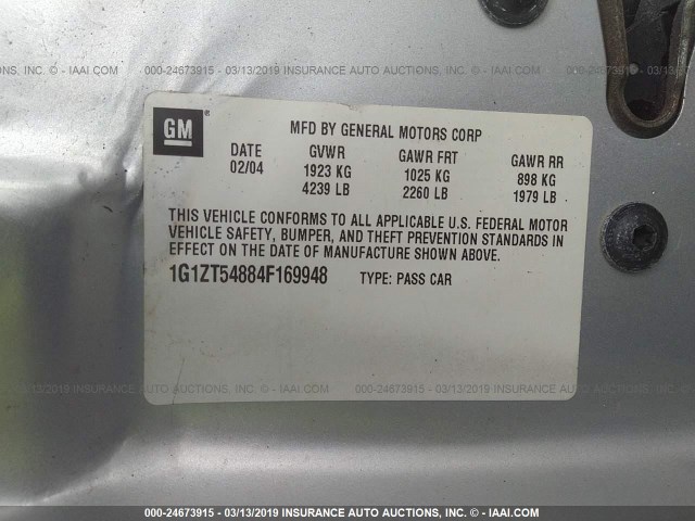 1G1ZT54884F169948 - 2004 CHEVROLET MALIBU LS SILVER photo 9