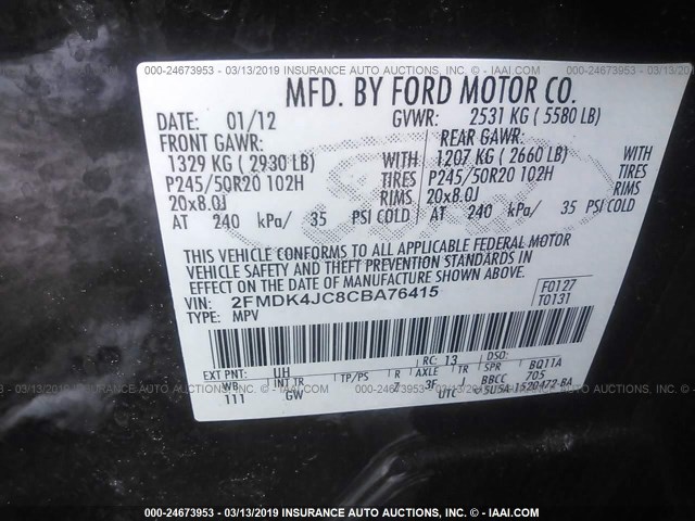 2FMDK4JC8CBA76415 - 2012 FORD EDGE SEL BLACK photo 9