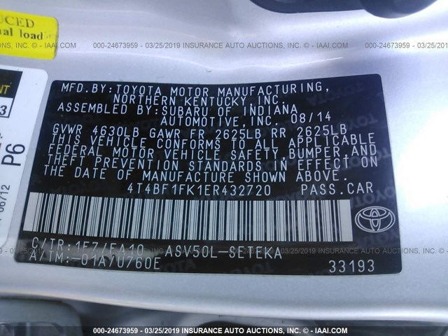 4T4BF1FK1ER432720 - 2014 TOYOTA CAMRY L/SE/LE/XLE 银色 照片 9