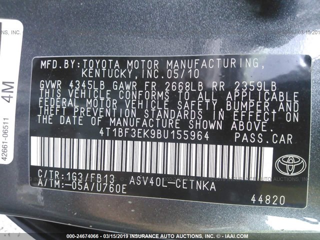 4T1BF3EK9BU155964 - 2011 TOYOTA CAMRY SE/LE/XLE GRAY photo 9